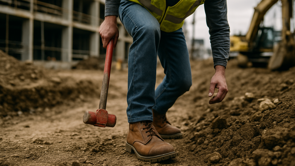 Construction worker in tan leather work boots and safety vest crouching on a dirt site, holding a red sledgehammer near active excavation equipment.
