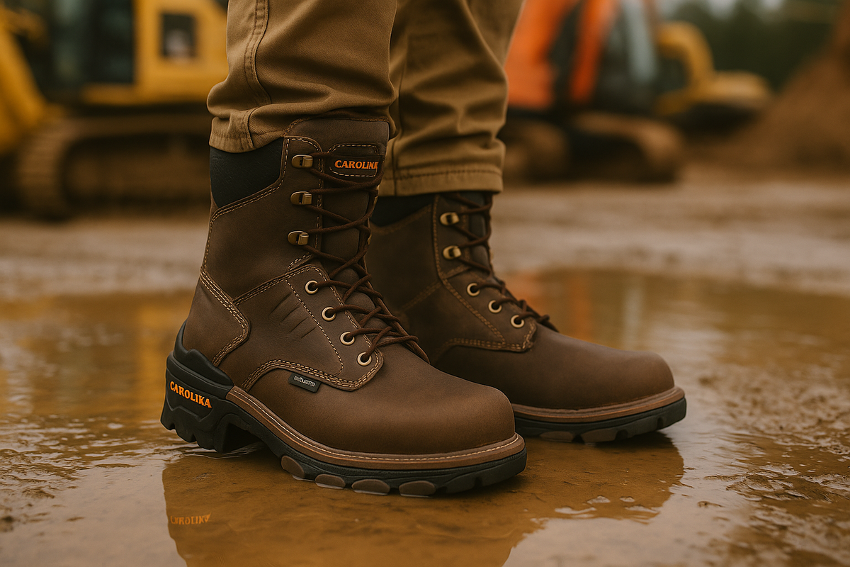 Construction worker wearing waterproof Carolina work boots standing in wet, muddy conditions on a job site. Close-up highlights ankle support and comfort, illustrating how the right work boots reduce knee pain.