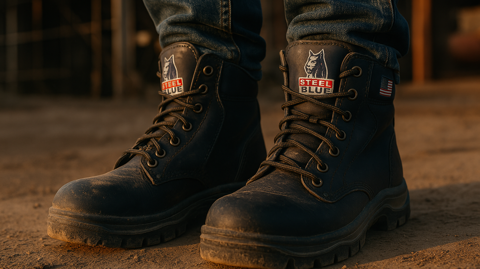 Close-up of a rugged pair of Steel Blue black leather work boots worn by a worker standing on dusty ground. The boots feature the Steel Blue logo and an American flag patch, with reinforced laces and visible tread—ideal for construction or industrial use.