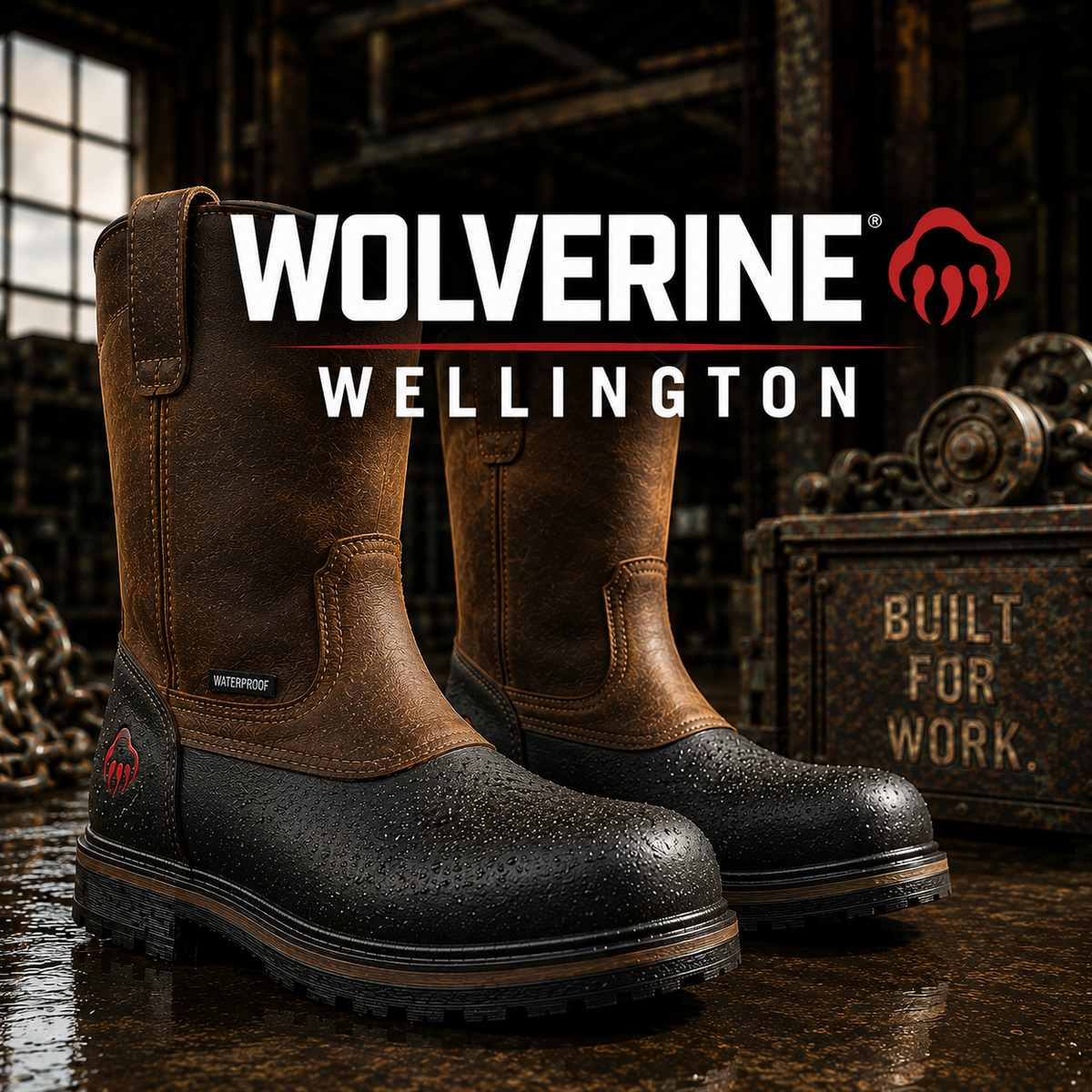 Brown leather waterproof pull-on wellington boots with black rubber vamps and lug outsoles.