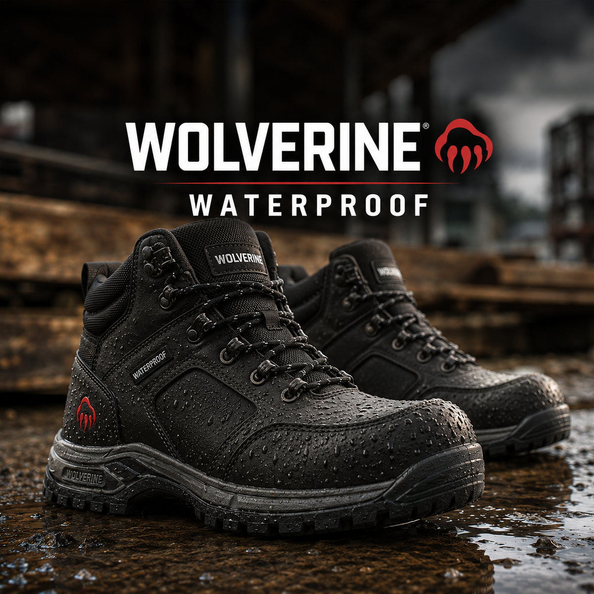 Black waterproof mid-cut work boots with speed hooks and lug outsoles in the rain.