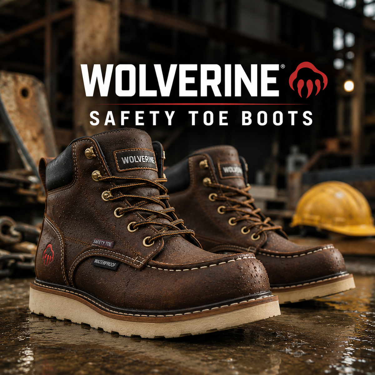 Brown leather waterproof safety toe moc toe boots on wedge outsoles.