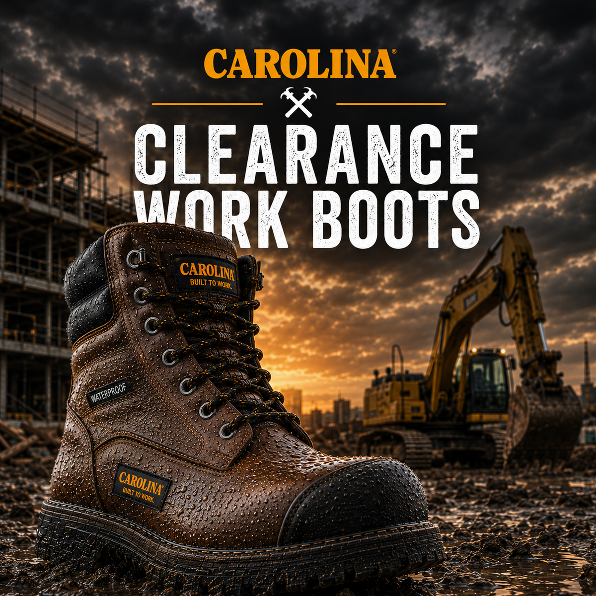 Single Carolina leather work boot against a dark industrial construction background for a clearance promotion.