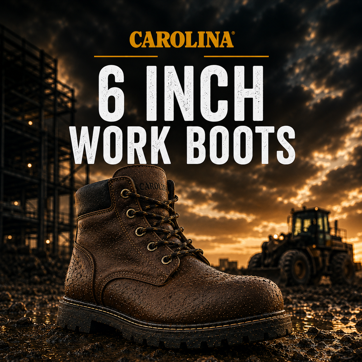 Pair of brown Carolina 6-inch work boots shown in a muddy construction site setting with an excavator in the background.