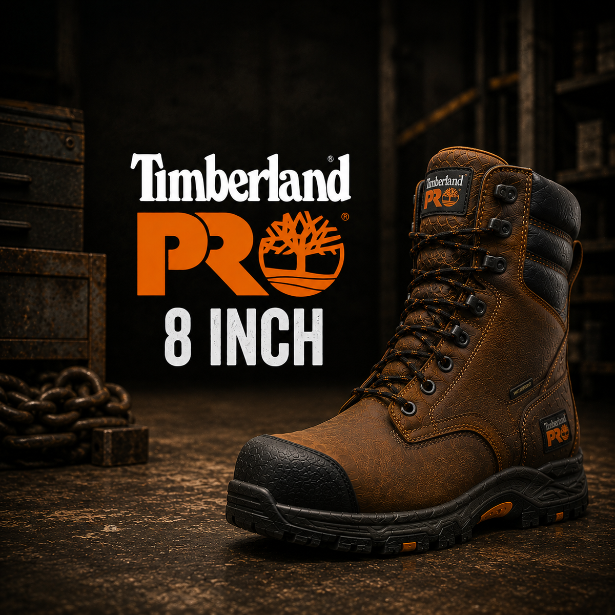 A brown leather waterproof eight-inch work boot with rubber toe guard and lug outsole.