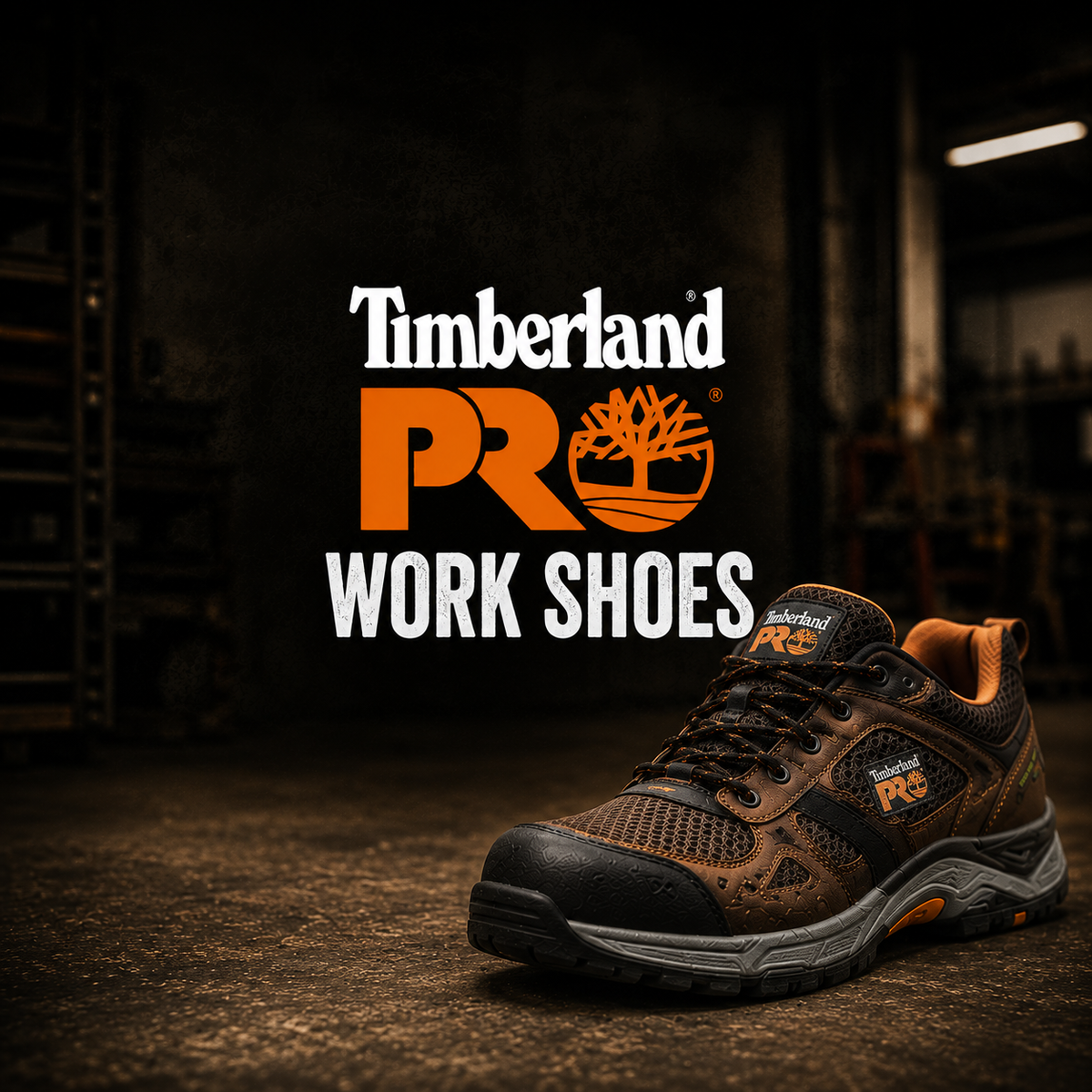 A brown and orange athletic-style work shoe with mesh panels and reinforced toe overlay.