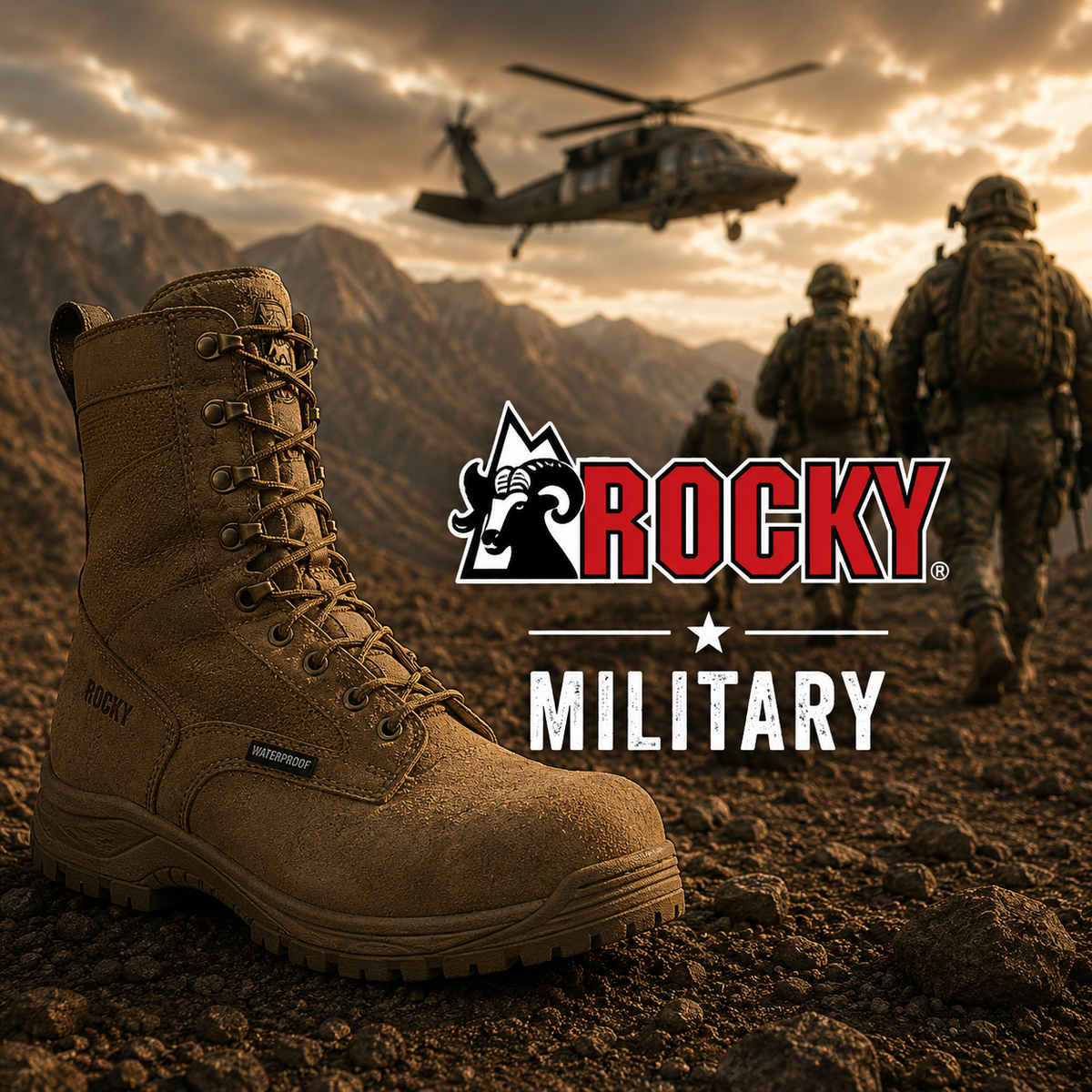 A coyote tan waterproof eight-inch military boot with speed hooks and lug outsole.