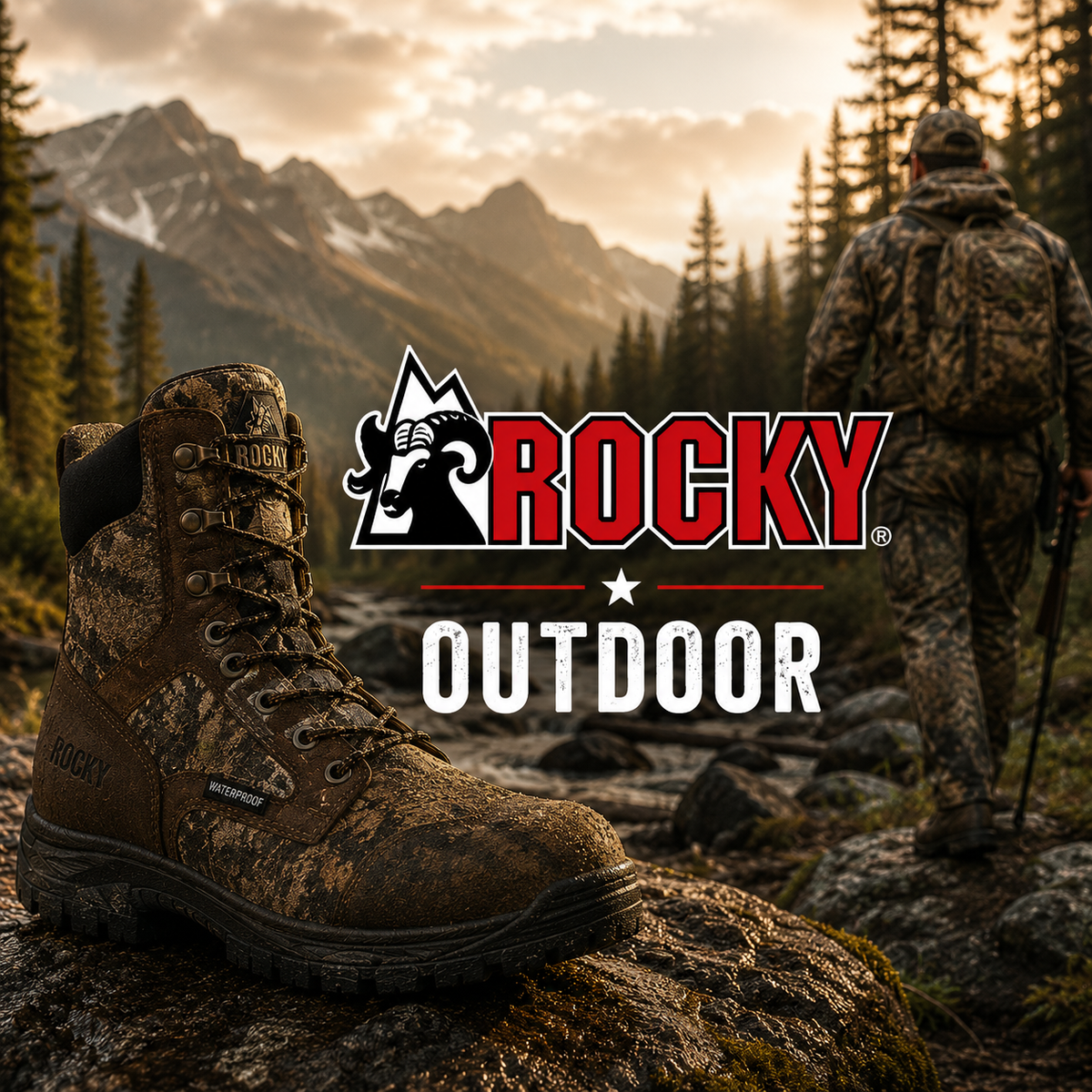 A camo waterproof eight-inch hunting boot with padded collar and lug outsole on a mountain trail.
