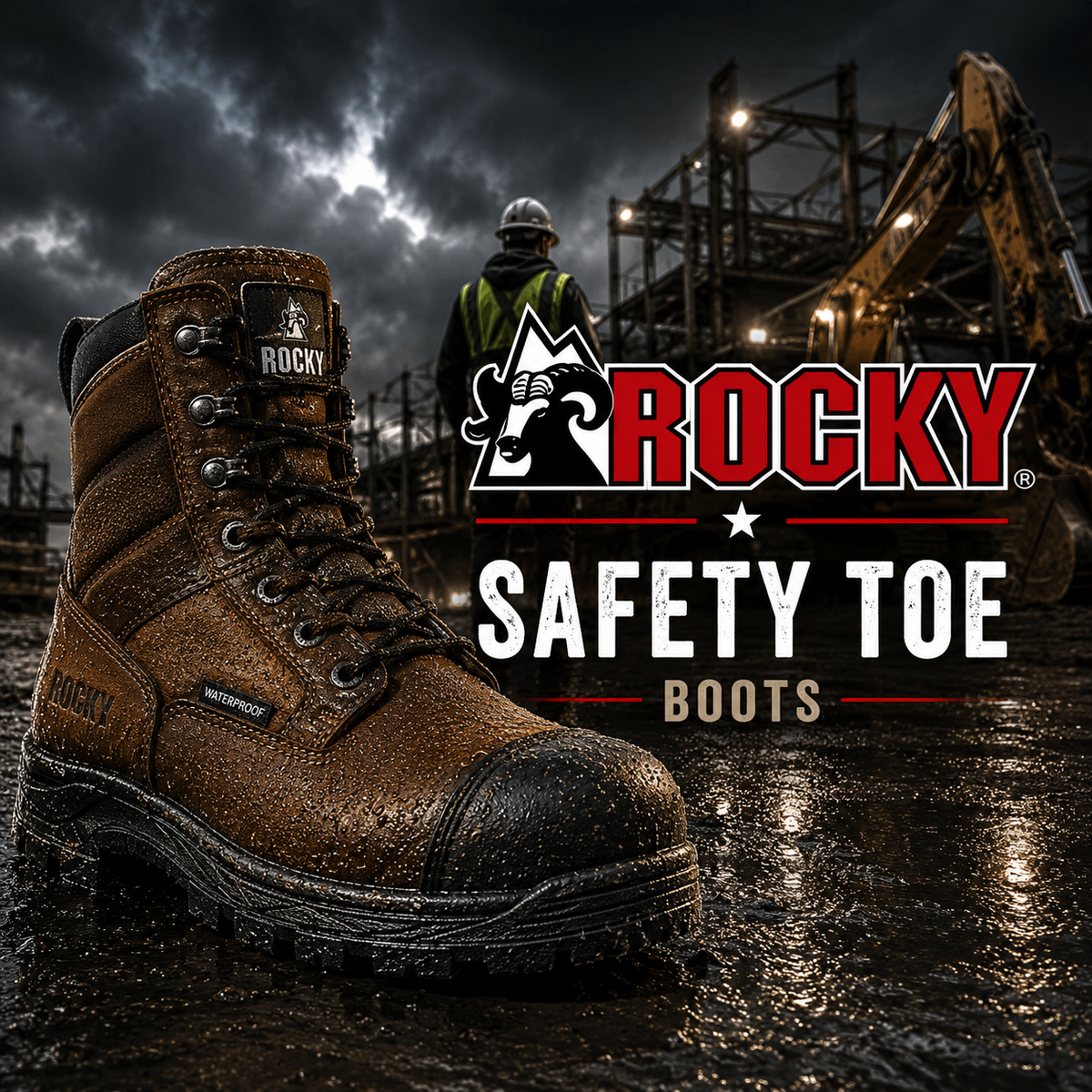 Rocky Safety Toe Boots collection banner showing a brown leather waterproof eight-inch work boot with rubber toe guard on a wet jobsite