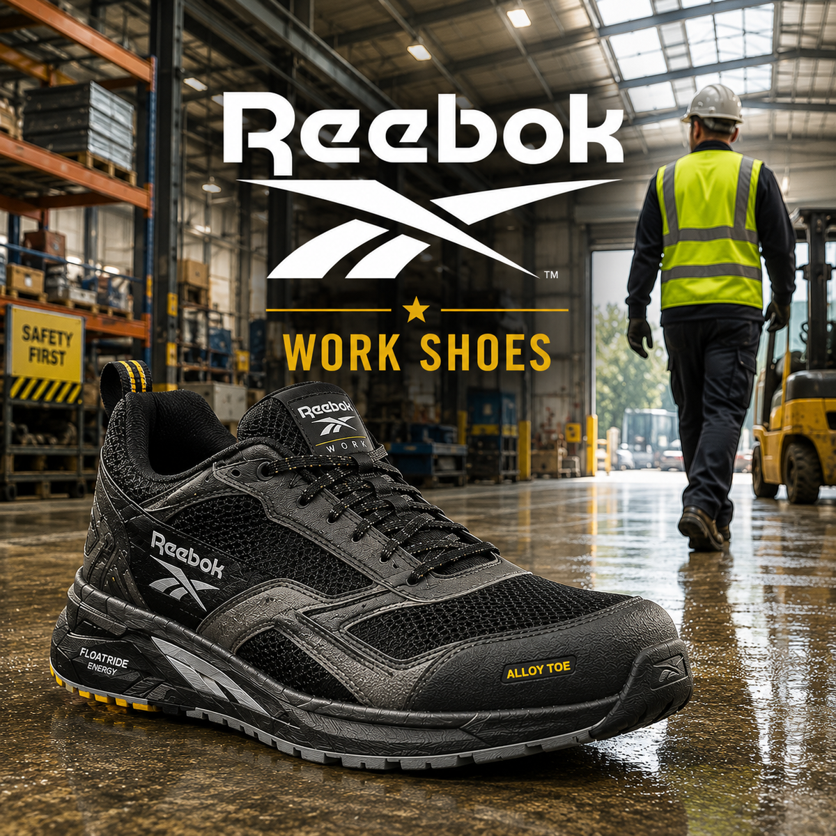 A black athletic work shoe with alloy toe, mesh upper and Floatride Energy midsole.