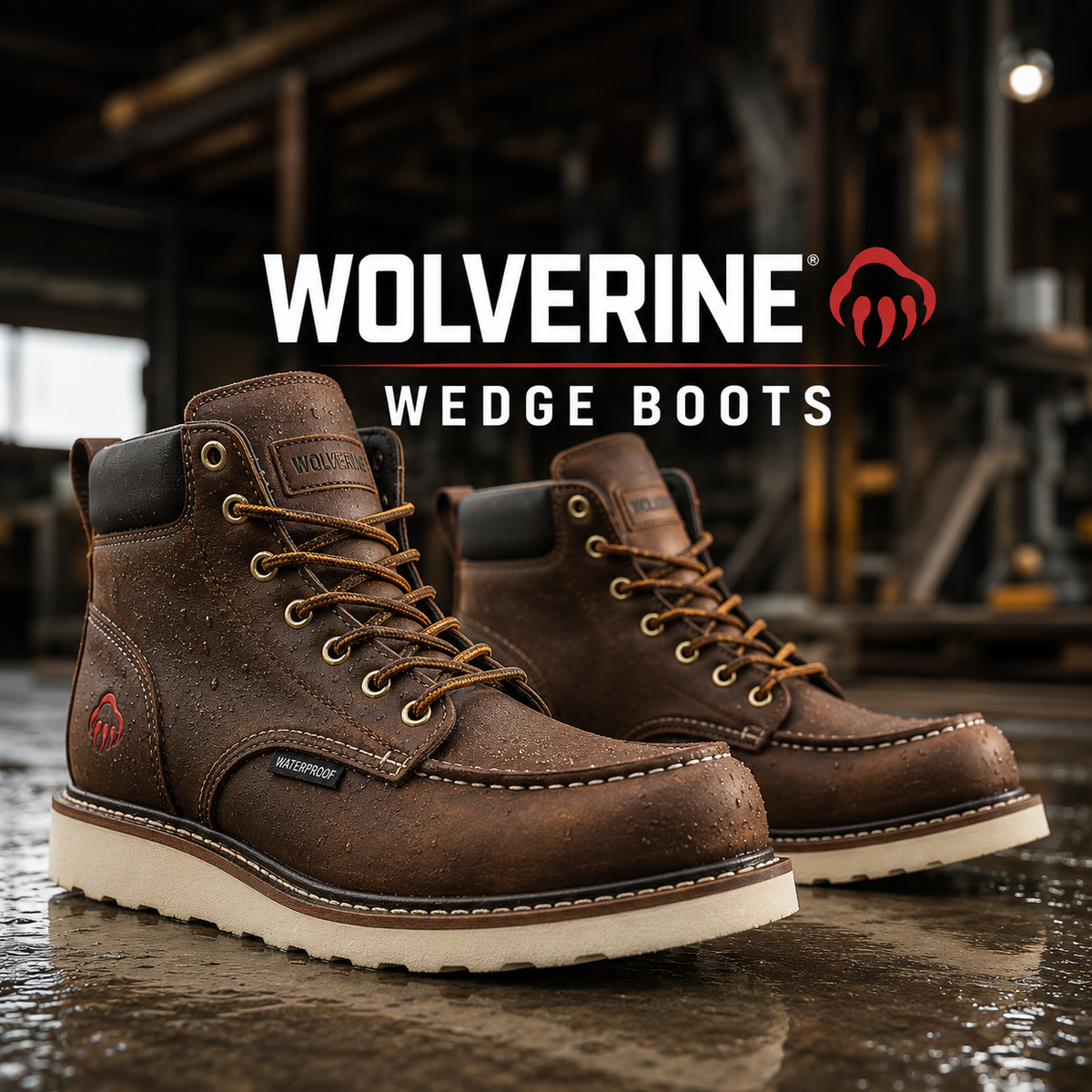 Brown leather waterproof moc toe boots on white wedge outsoles.