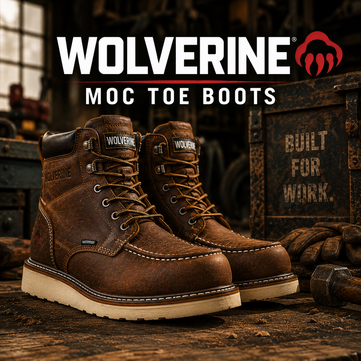 Brown leather waterproof six-inch moc toe boots on white wedge outsoles.