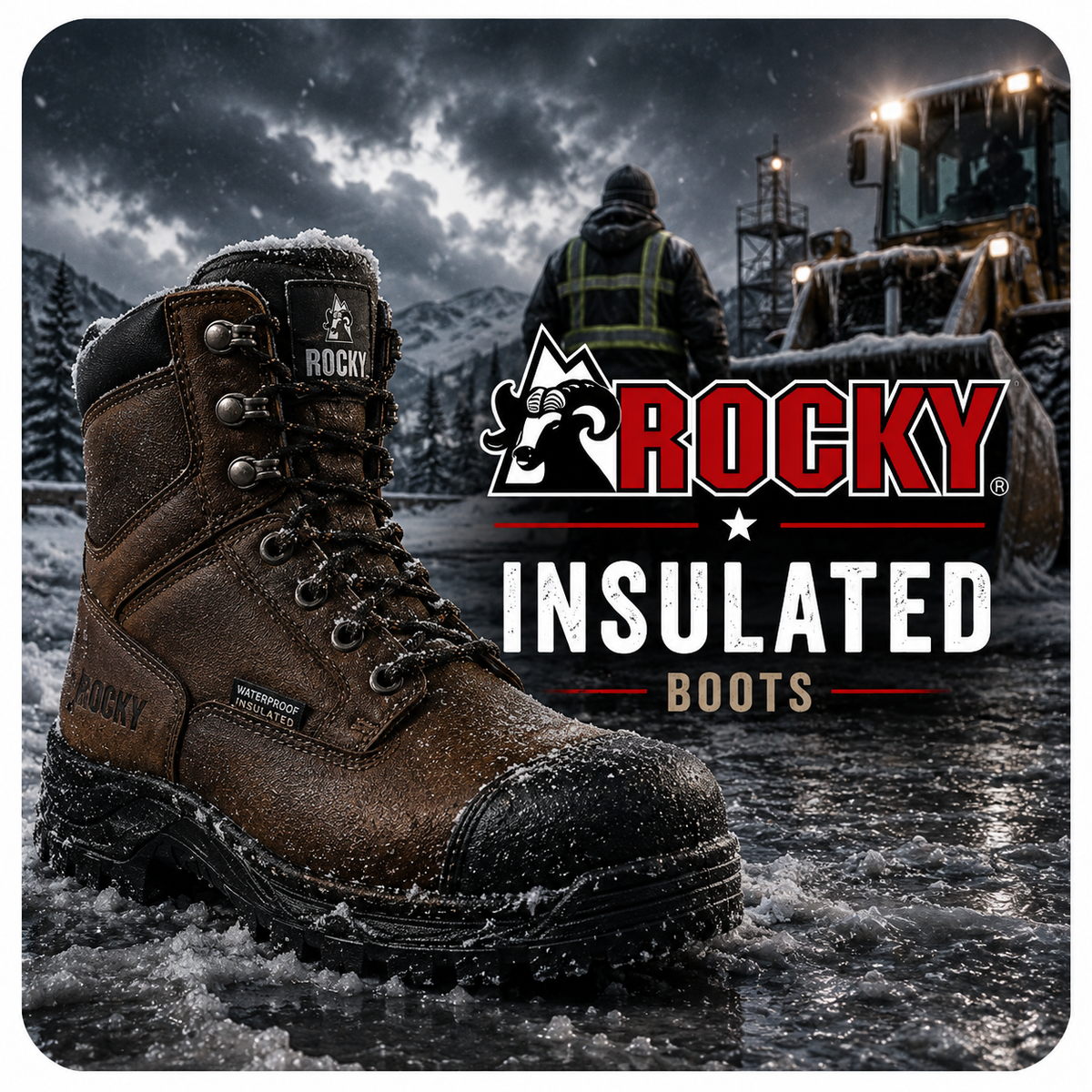 A brown leather waterproof insulated eight-inch work boot with rubber toe guard in the snow.