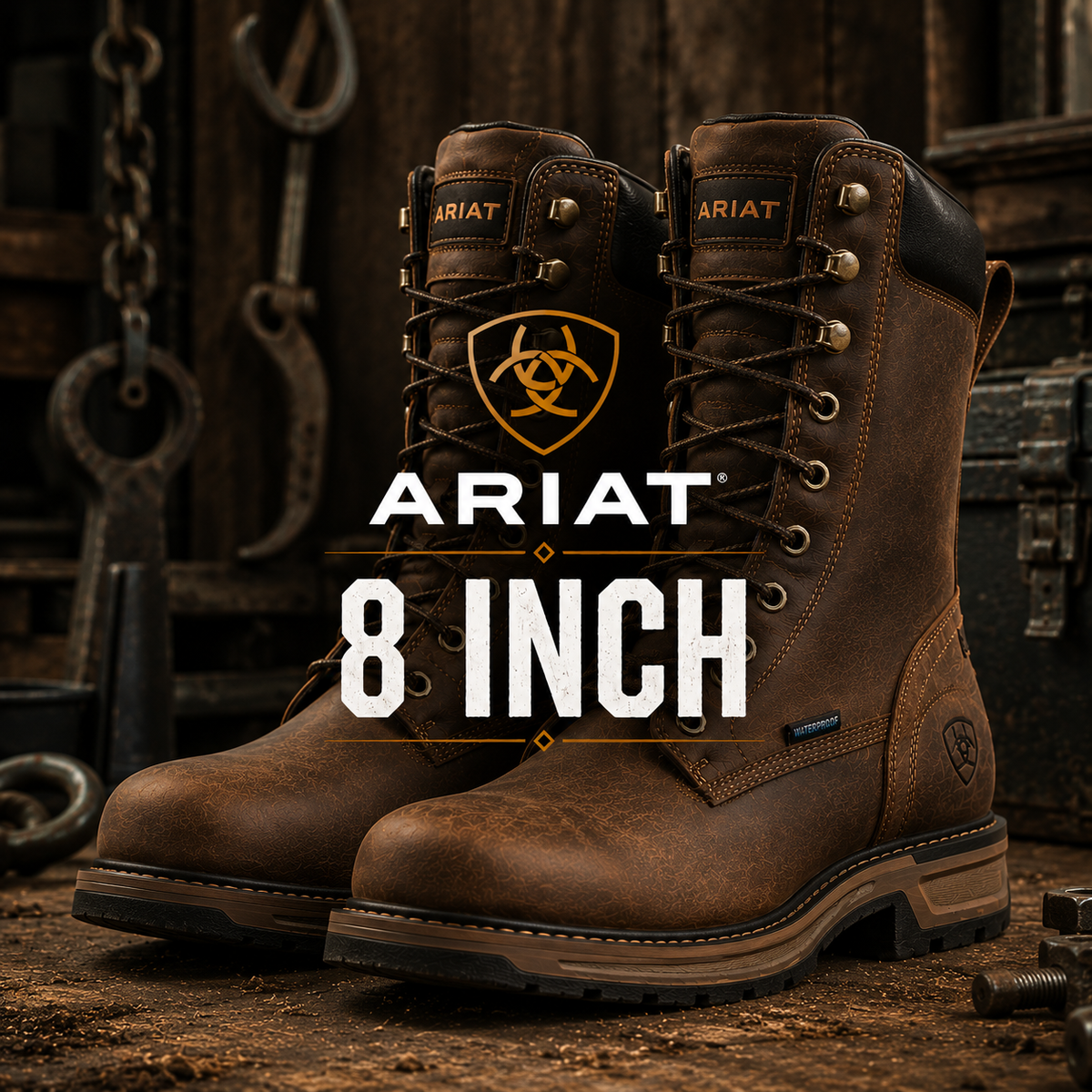 Pair of Ariat 8-inch work boots in dark brown leather, displayed on a rustic wooden surface with industrial props like a hook, chains, and tools.