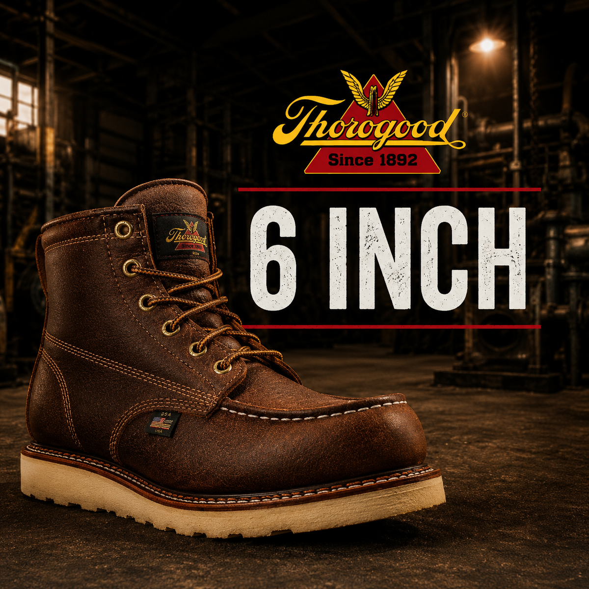 A brown leather six-inch moc toe boot with USA flag tag on a tan wedge outsole.