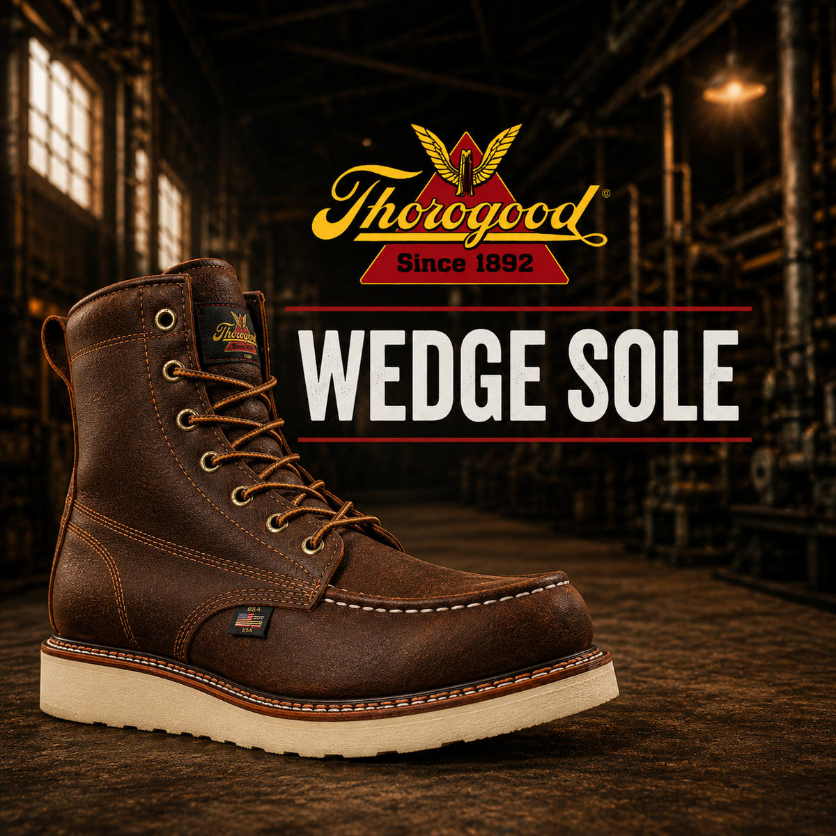 A brown leather moc toe boot with brass eyelets on a white wedge outsole.