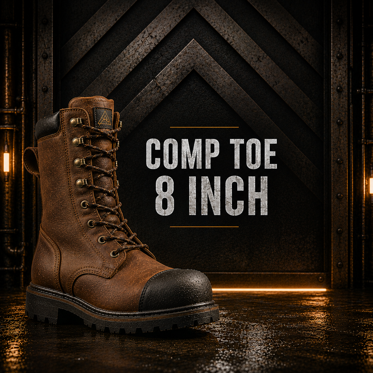 A brown leather Comp Toe 8-inch work boot is shown on a wet industrial floor with a large text overlay reading 'COMP TOE 8 INCH' on the right side.