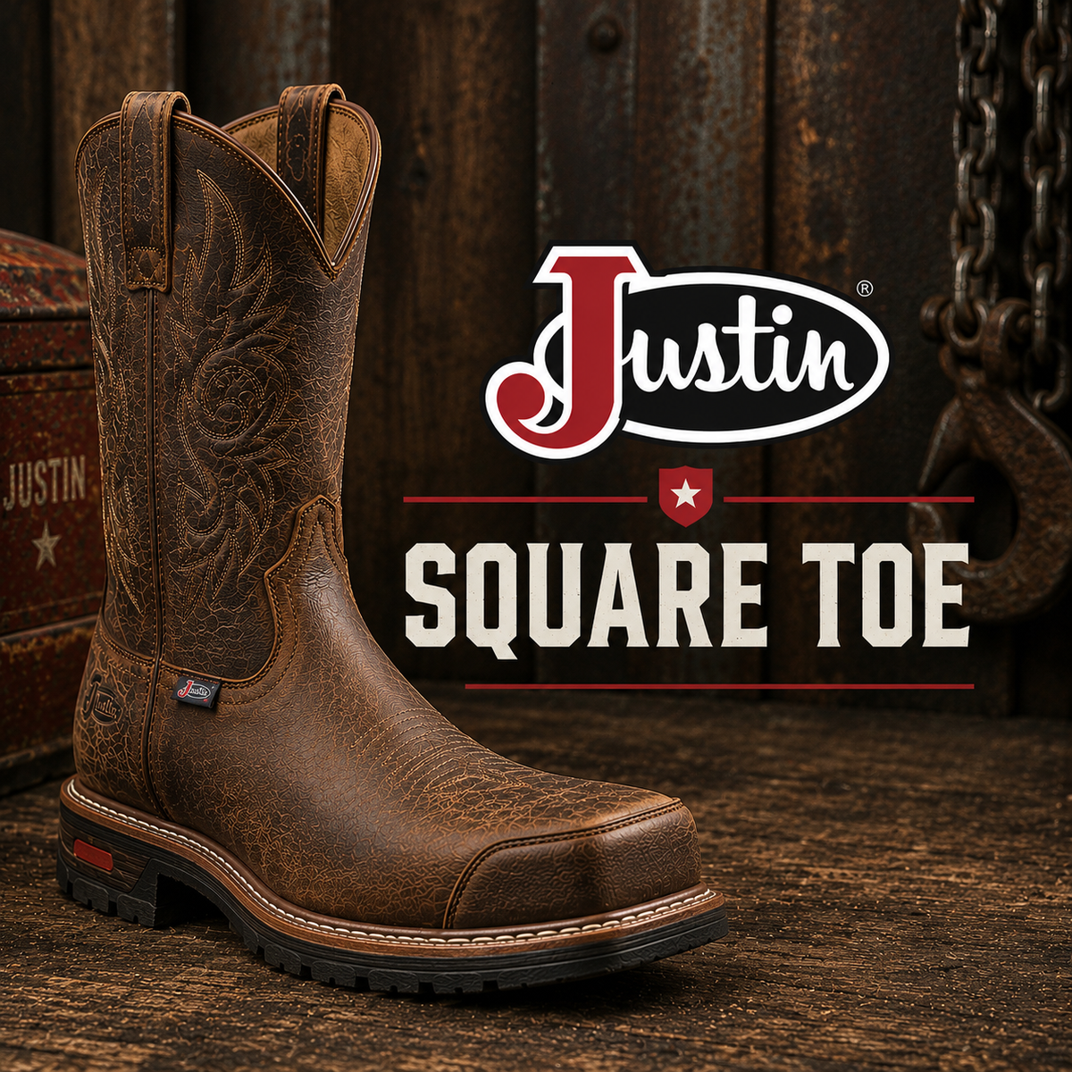 Justin western work boots with wide square toes.