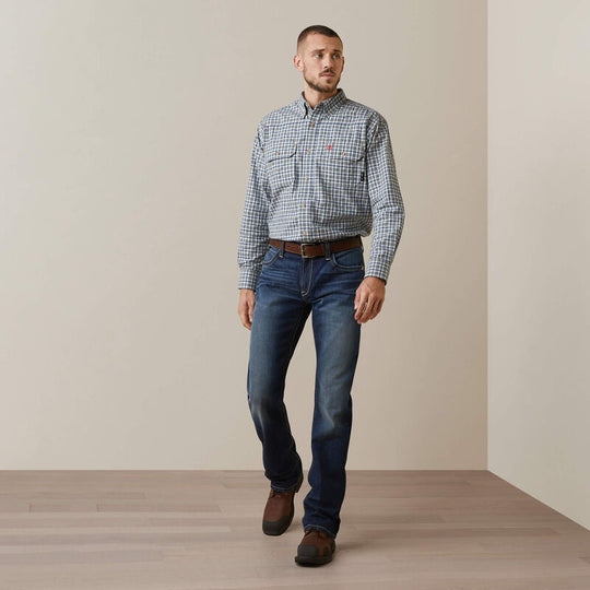 Ariat Men's Flame Resistant Plaid Featherlight Work Shirt Sky Plaid - 10043545 - Overlook Boots