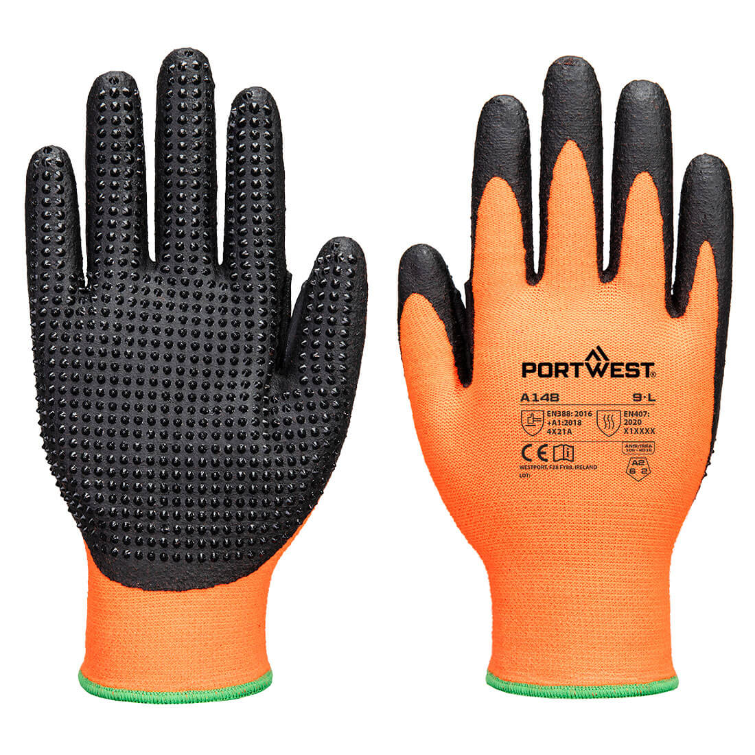 Portwest Grip 13 Nitrile High Dotted Glove - Orange/Black - 12 Pack - A148 Small / Orange - Overlook Boots