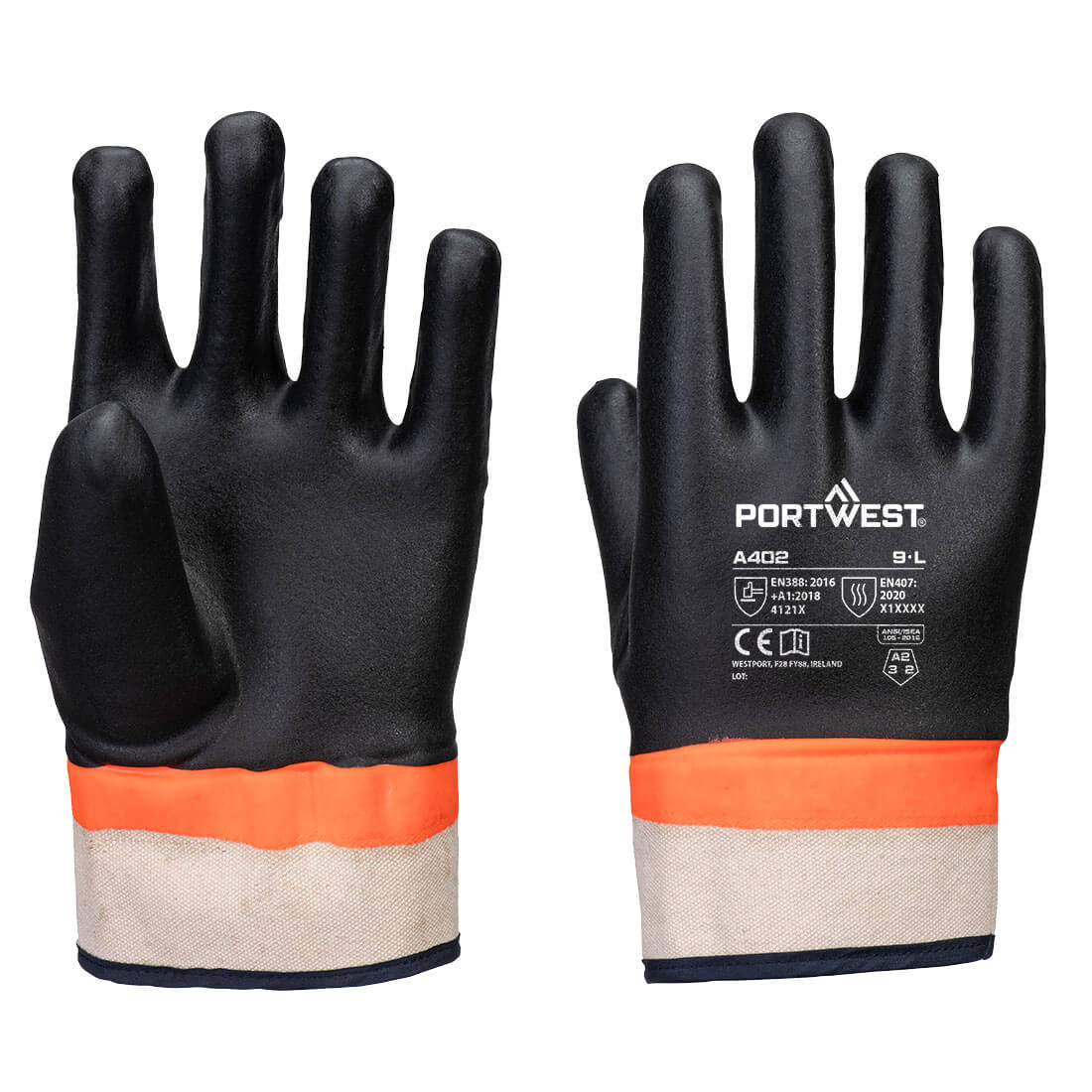 Portwest Grip PVC Sandy Double Dipped Glove - Black/Orange - 12 Pack - A402 Large / Black - Overlook Boots