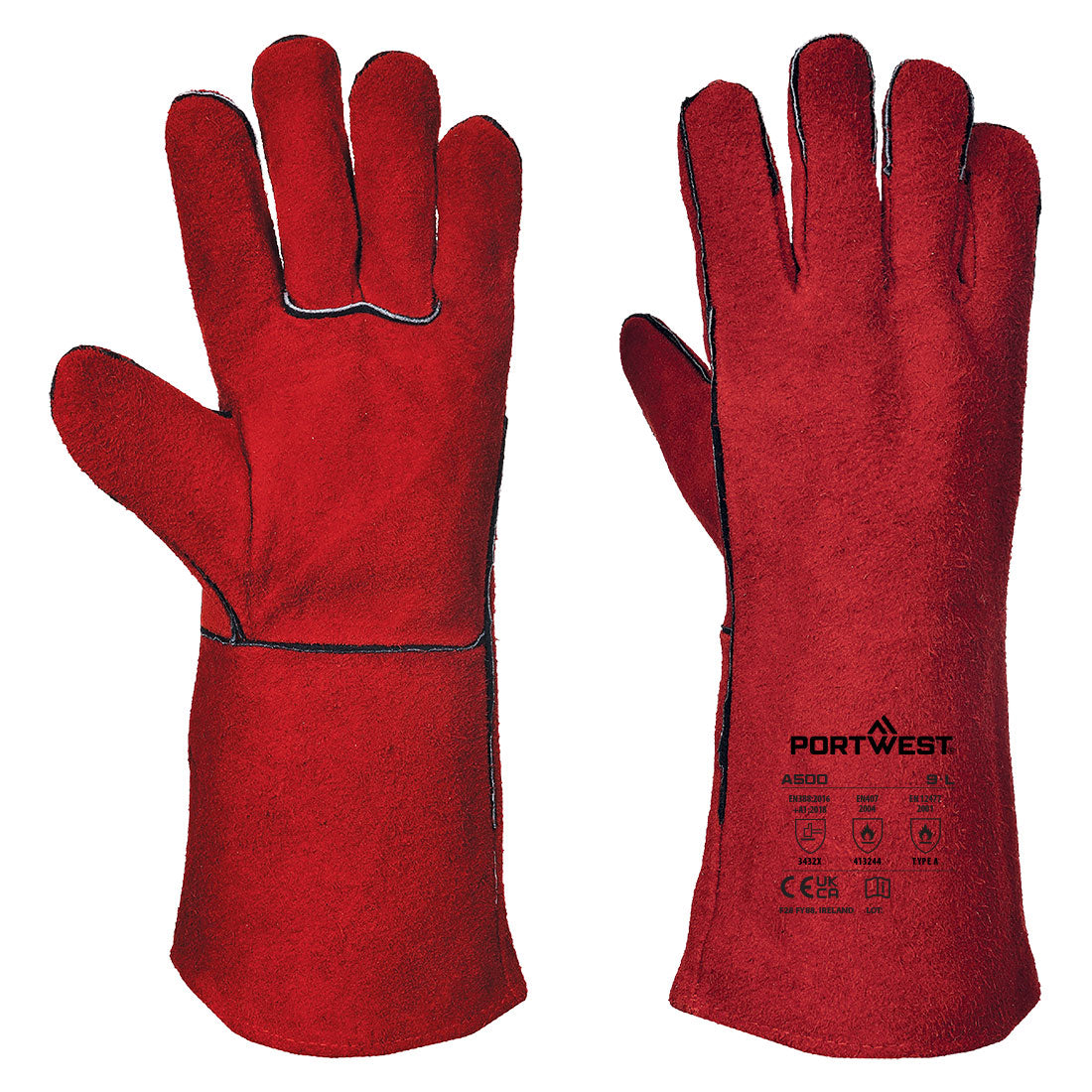 Portwest Welders 210 Split Leather Red Gauntlet - Red - 12 Pack - A500 Medium / Red - Overlook Boots
