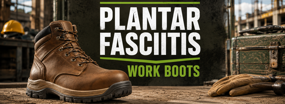 A brown leather work boot is shown on a wooden surface in an industrial setting.