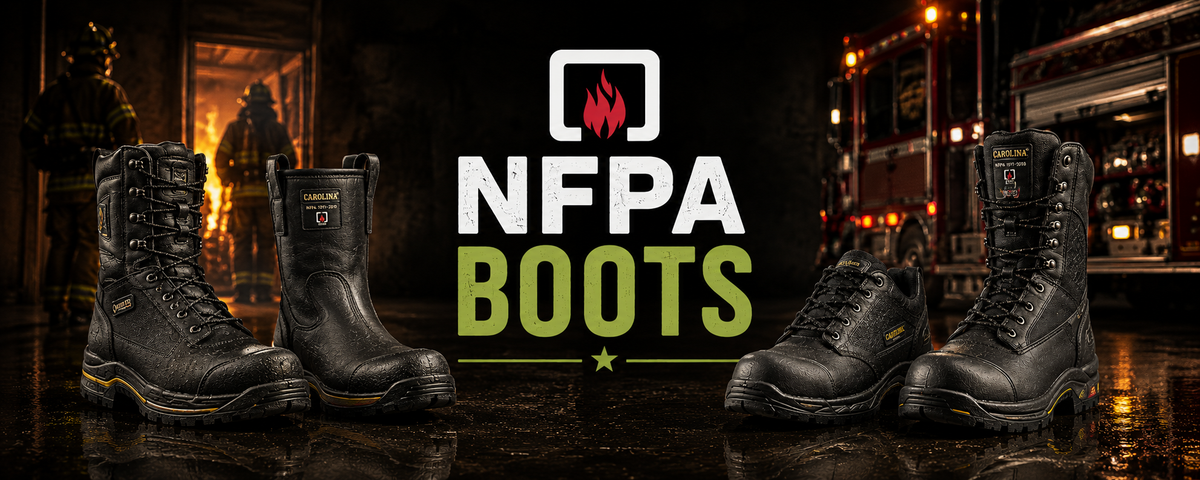 Four black NFPA boots displayed on a wet reflective surface with fire trucks and firefighters in the background. Large text in the center reads 'NFPA BOOTS' with a flame icon above it.