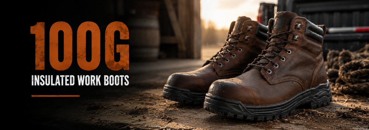A pair of brown insulated work boots displayed outdoors on a dirt surface with a truck and wooden barrels in the background. Large text on the left reads '100G INSULATED WORK BOOTS'.