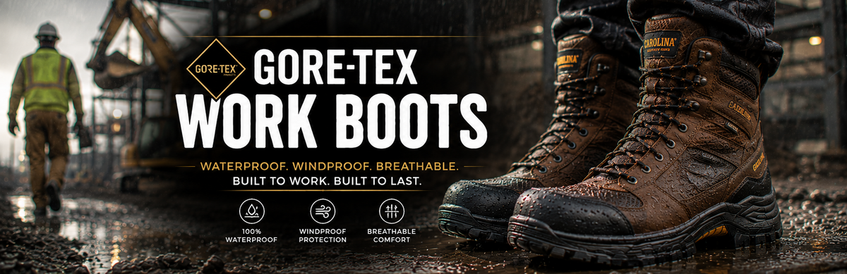 A pair of brown Gore-Tex work boots shown in a construction site setting, with large white text reading 'GORE-TEX WORK BOOTS' and smaller feature callouts below.