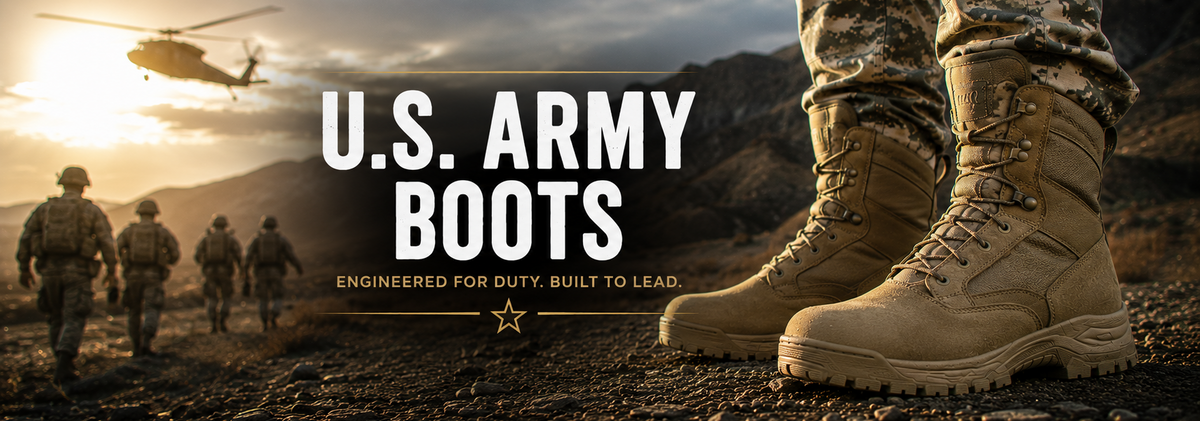 Tan suede eight-inch military lace-up boots with speed hooks and rugged lug outsoles.