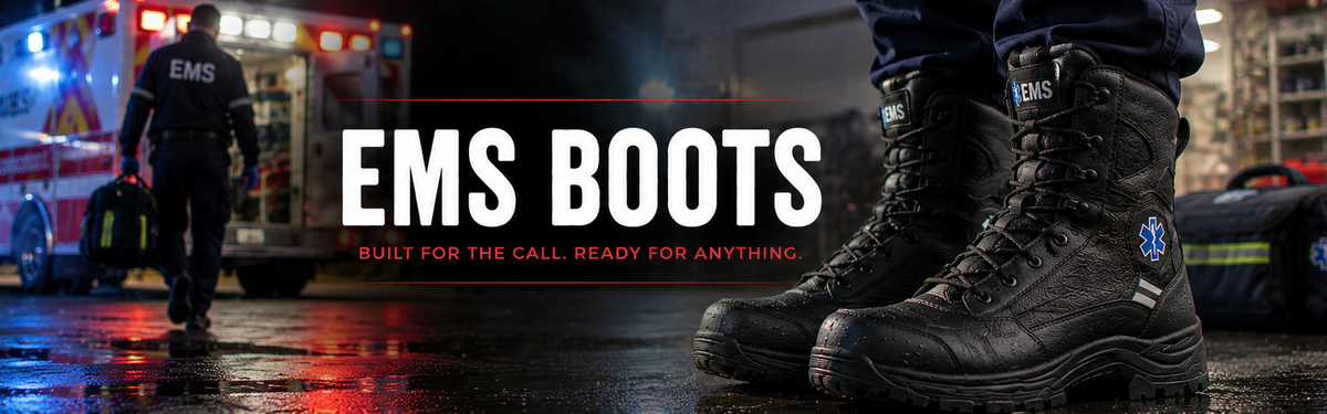 Black EMS boots shown on a person's feet at night, with an ambulance and emergency responder blurred in the background.