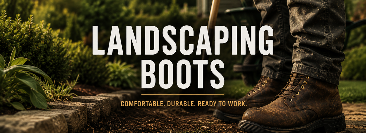 Brown leather landscaping boots worn beside a soil garden bed.