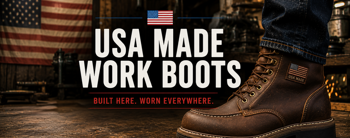 A brown leather work boot with a small American flag patch on the side, shown on a person's foot wearing blue jeans in a rustic workshop setting with a large American flag.