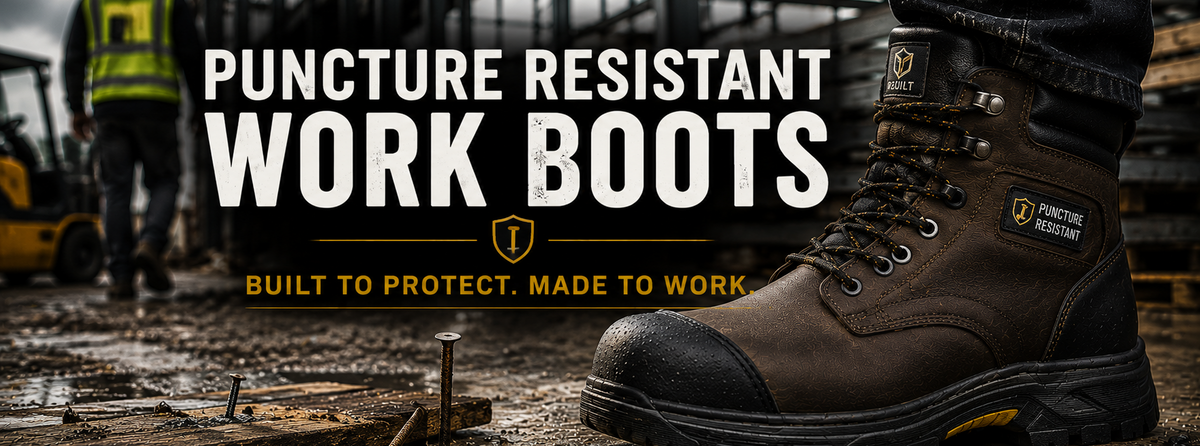 Close-up of a brown puncture-resistant work boot worn on a foot.