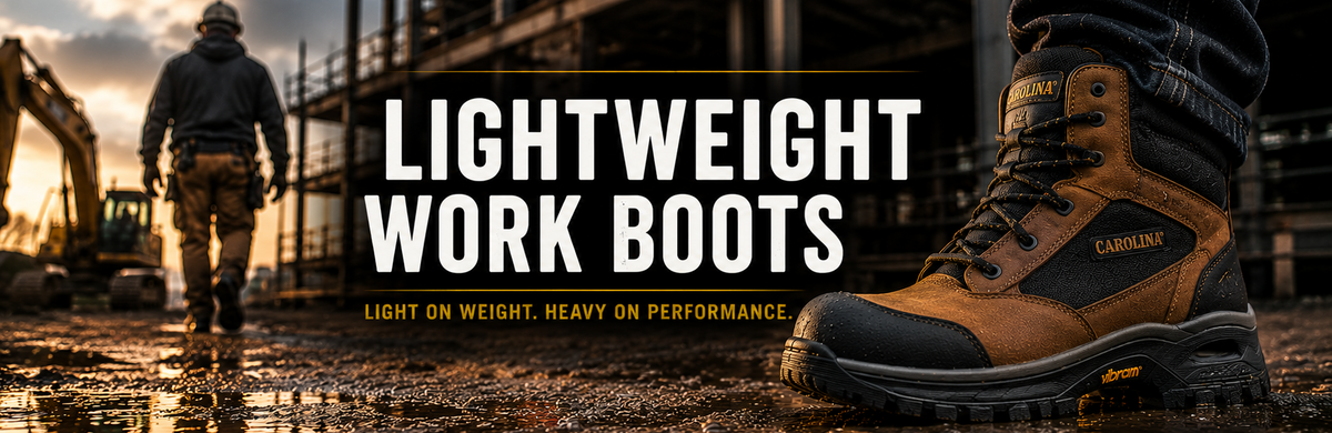 A close-up of a brown and black work boot on the right, with a construction worker in the background on the left. Large white text reads 'LIGHTWEIGHT WORK BOOTS' with smaller yellow text below.