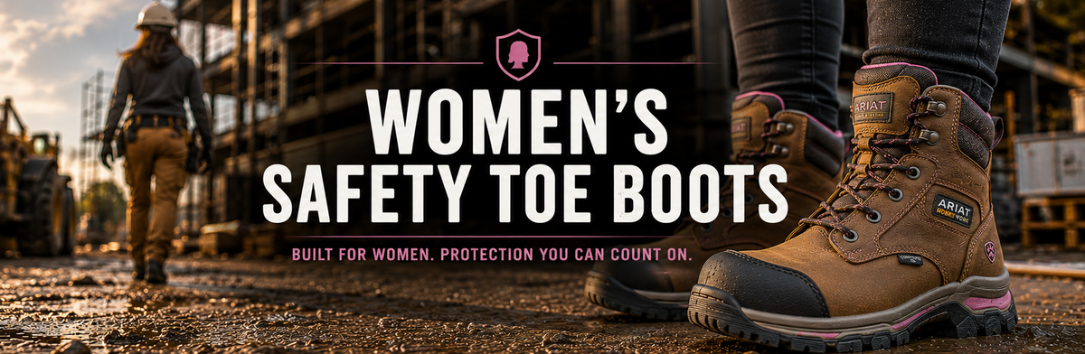 Pair of women's safety toe boots in brown and black, shown on a construction site with a worker in the background.