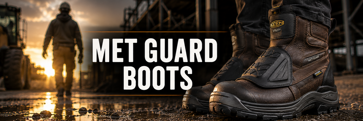 Pair of rugged brown Met Guard work boots shown in a close-up foreground, with a blurred industrial worker walking in the background at sunset.