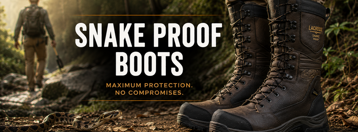 Pair of dark brown lace-up hiking boots shown in a forest setting, with a snake on the ground and a person walking in the background.