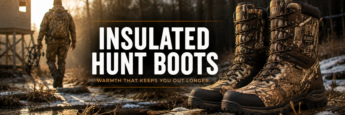 Pair of insulated hunting boots in a brown and tan camouflage pattern, shown in the foreground with a forest and a person walking in the background.