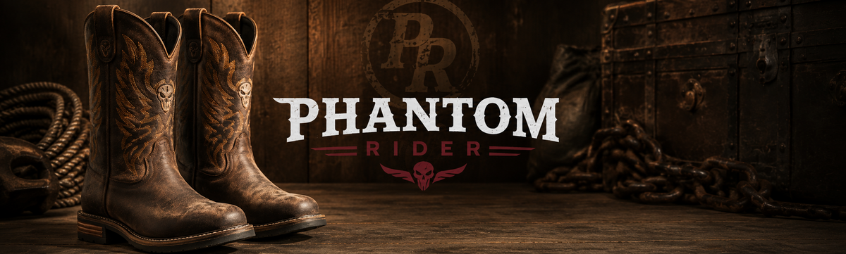 Pair of brown western cowboy boots with floral leather embroidery, displayed on a rustic wooden surface with a dark wooden chest, chain, and rope in the background.