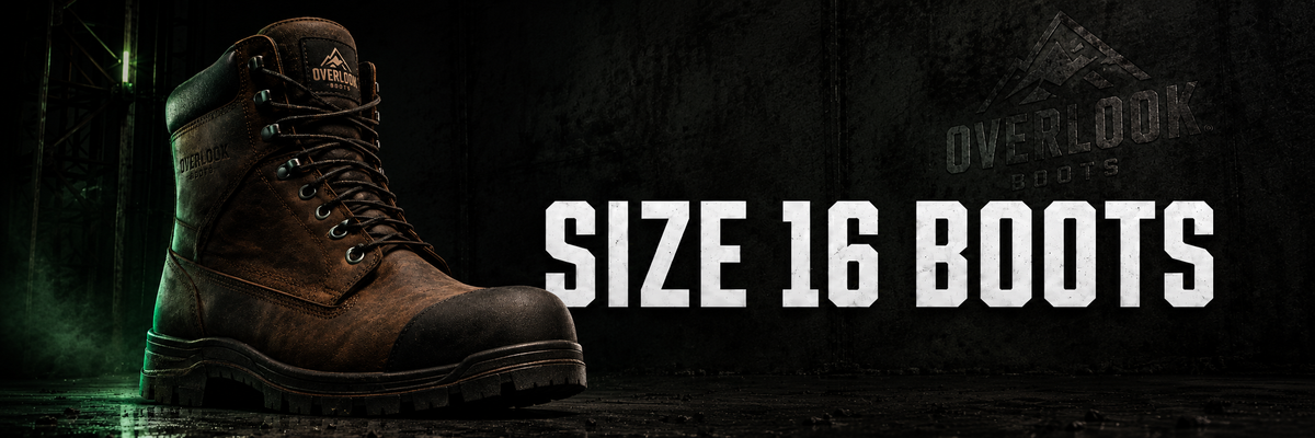 A single brown lace-up work boot shown on a dark textured background with large white text reading 'SIZE 16 BOOTS' and a faint 'OVERLOOK' logo in the upper right.