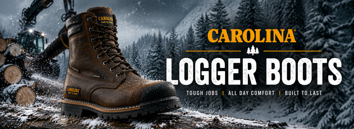 Brown Carolina logger boot with tall lace-up shaft in a snowy logging setting.