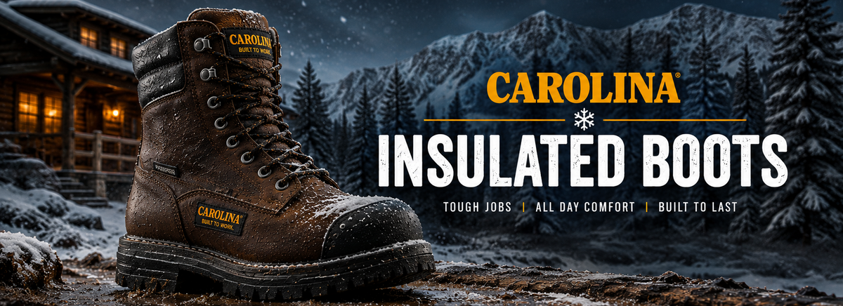 A brown Carolina insulated work boot is shown in a snowy mountain landscape at night, with large text reading 'CAROLINA INSULATED BOOTS' and smaller tagline text on the right side.