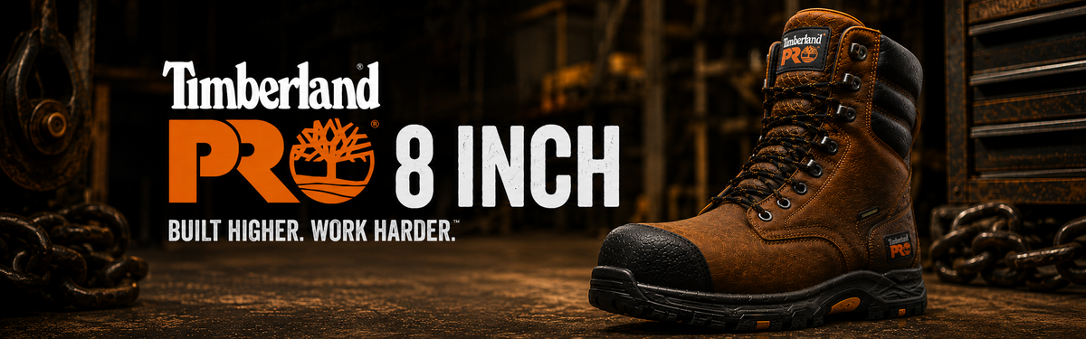 Timberland Pro 8-inch work boot in brown leather, shown in a dark industrial workshop setting with the Timberland logo and '8 INCH' text on the left.