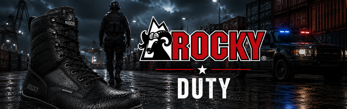 A black leather tactical boot is shown prominently in the foreground against a dark, rainy night scene with a soldier, police car, and shipping containers.