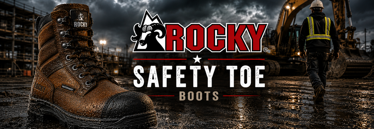 A brown leather safety boot with a black toe cap is shown in the foreground against a dark construction site background with a worker and excavator. The Rocky Safety Toe Boots logo is centered in the middle of the image.