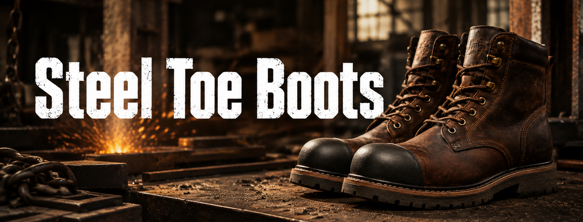 A pair of rugged brown leather work boots with black steel toe caps, shown in a dark industrial workshop setting with sparks and the text 'Steel Toe Boots' overlaid on the left.