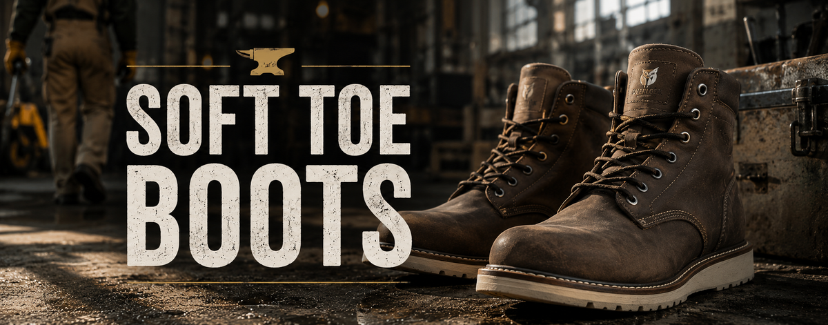 A pair of dark brown leather lace-up boots displayed in a workshop setting with large text overlay reading 'SOFT TOE BOOTS' and a small anvil logo above.