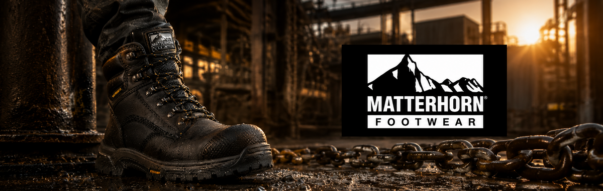 Close-up of a black Matterhorn Footwear work boot worn on a foot, standing on a wet industrial floor with chains and machinery in the background.